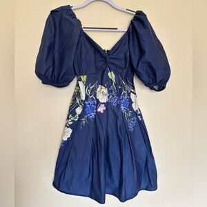 Express Short Puff Sleeve XS Pleated VNeck Fit & Flare Cotton Floral Zip Dress